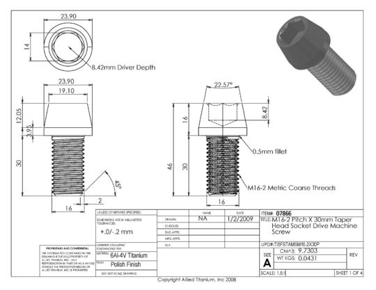 Titanium M16-2 Pitch X 30mm Allied Titanium Taper Head Socket Drive Allied Titanium Machine Screw